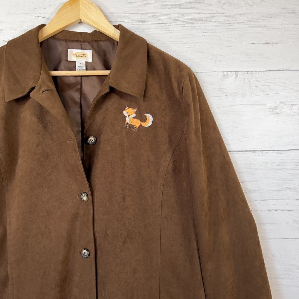 Talbots Blazer Jacket Womens Size Large Brown Suede Adorable Fox Patch Fall Wear - Picture 8 of 16